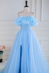 Sky Blue Off-The-Shoulder Tulle Spilit Front Prom Dresses with Flowers
