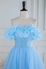 Sky Blue Off-The-Shoulder Tulle Spilit Front Prom Dresses with Flowers