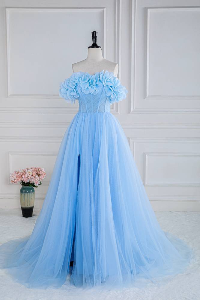 Sky Blue Off-The-Shoulder Tulle Spilit Front Prom Dresses with Flowers