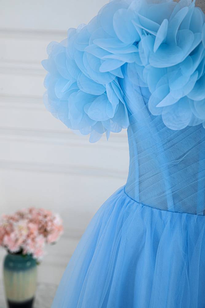 Sky Blue Off-The-Shoulder Tulle Spilit Front Prom Dresses with Flowers