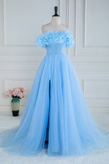 Sky Blue Off-The-Shoulder Tulle Spilit Front Prom Dresses with Flowers