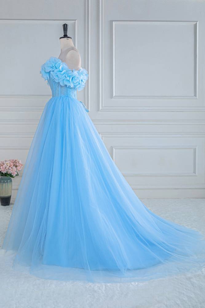 Sky Blue Off-The-Shoulder Tulle Spilit Front Prom Dresses with Flowers