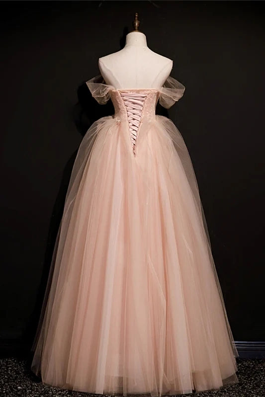 Stylish Dusty Rose Off-The-Shoulder A-Line Tulle Prom Dresses