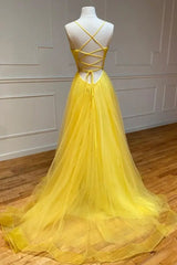 Yellow V-Neck A-Line Tulle Prom Dresses