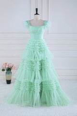 Gorgeous Square Neck A-Line Tulle Prom Dresses with Fur