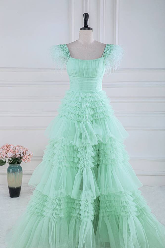 Gorgeous Square Neck A-Line Tulle Prom Dresses with Fur