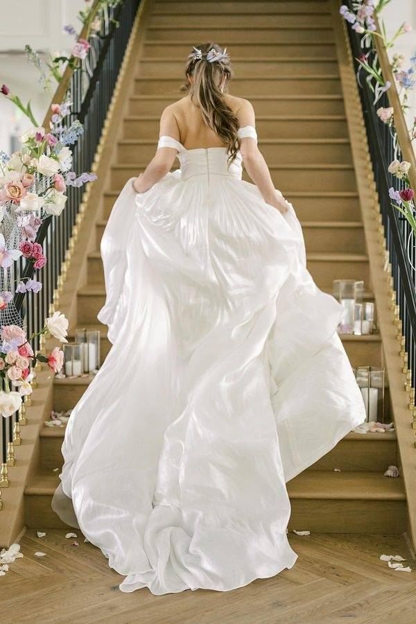 Deluxe Off-The-Shoulder A-Line Satin Wedding Dresses with Train