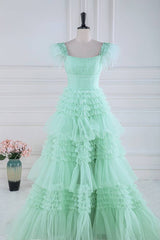Gorgeous Square Neck A-Line Tulle Prom Dresses with Fur