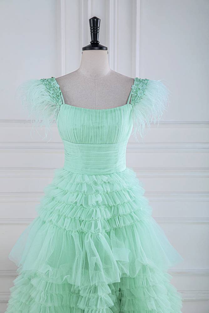 Gorgeous Square Neck A-Line Tulle Prom Dresses with Fur
