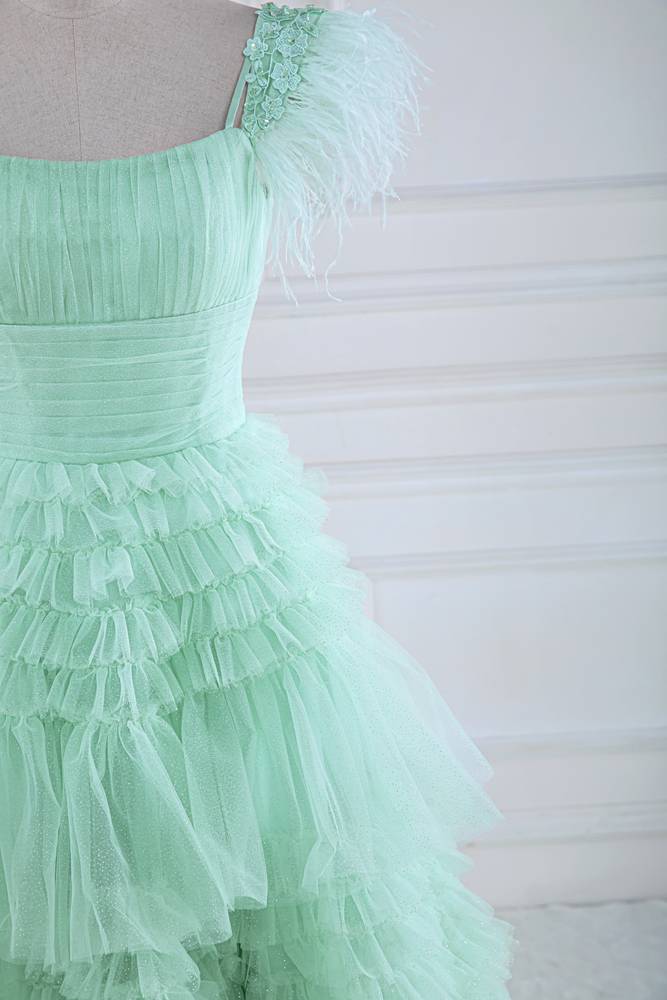 Gorgeous Square Neck A-Line Tulle Prom Dresses with Fur