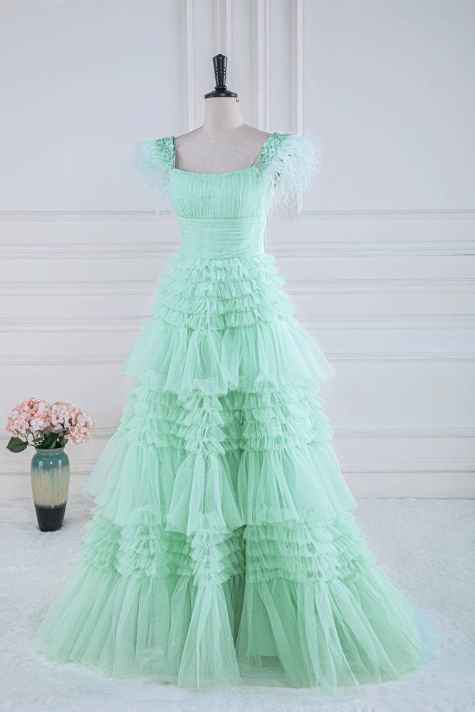 Gorgeous Square Neck A-Line Tulle Prom Dresses with Fur