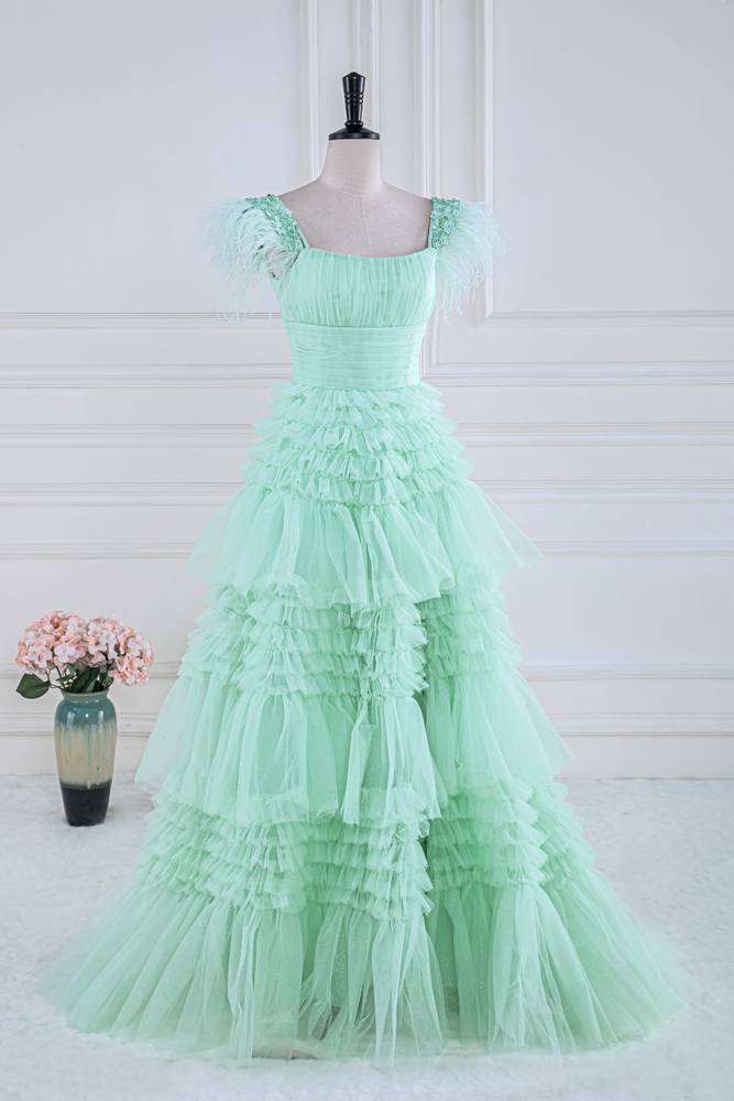 Gorgeous Square Neck A-Line Tulle Prom Dresses with Fur