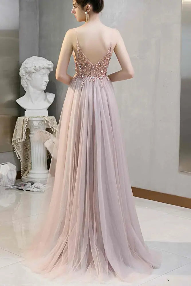 Dusty Blue A-Line Tulle Long Split Front Formal Dresses with Appliques