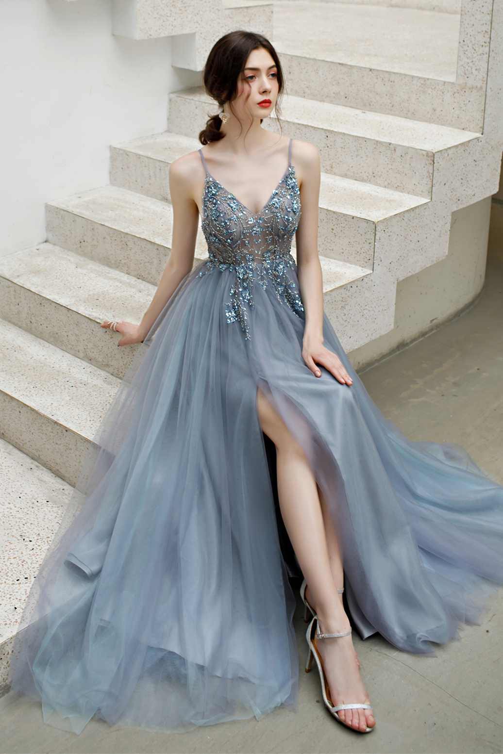 Dusty Blue A-Line Tulle Long Split Front Formal Dresses with Appliques