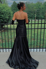 Black Strapless Mermaid Satin Formal Dresses with Slit