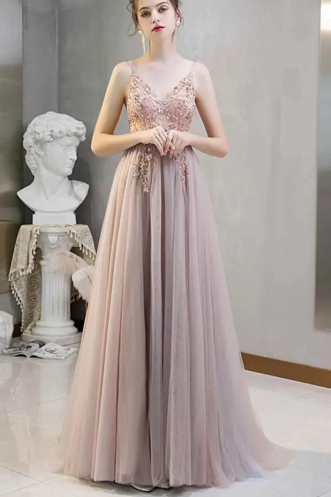 Dusty Blue A-Line Tulle Long Split Front Formal Dresses with Appliques