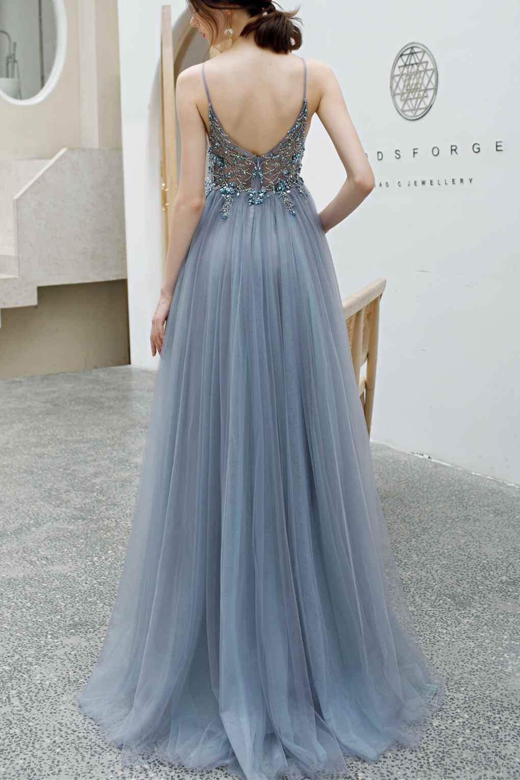 Dusty Blue A-Line Tulle Long Split Front Formal Dresses with Appliques
