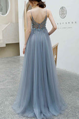 Dusty Blue A-Line Tulle Long Split Front Formal Dresses with Appliques