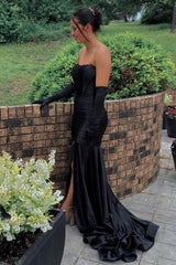 Black Strapless Mermaid Satin Formal Dresses with Slit