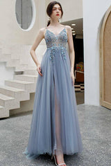 Dusty Blue A-Line Tulle Long Split Front Formal Dresses with Appliques