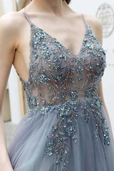 Dusty Blue A-Line Tulle Long Split Front Formal Dresses with Appliques