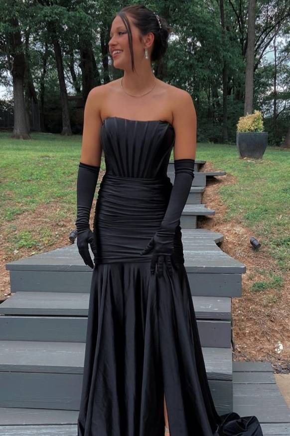 Black Strapless Mermaid Satin Formal Dresses with Slit