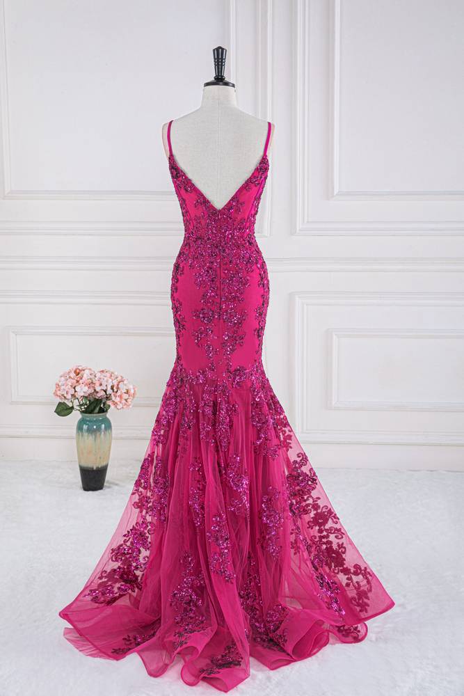 Fuchsia Spaghetti Straps Mermaid Tulle Prom Dresses with Appliques