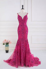 Fuchsia Spaghetti Straps Mermaid Tulle Prom Dresses with Appliques