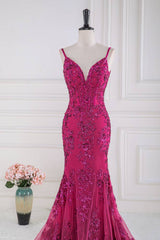 Fuchsia Spaghetti Straps Mermaid Tulle Prom Dresses with Appliques