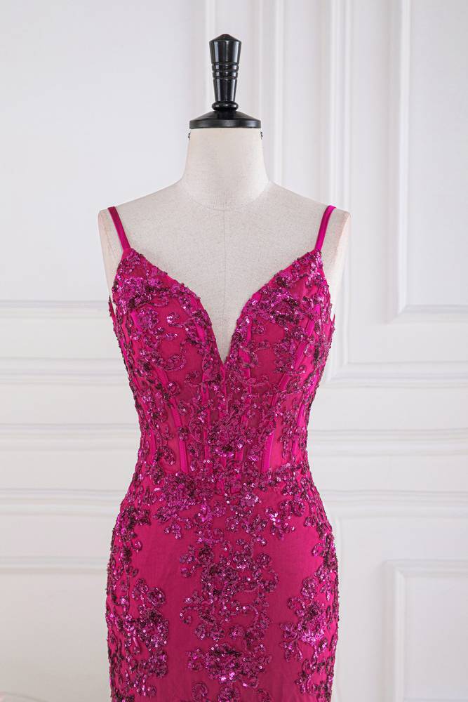 Fuchsia Spaghetti Straps Mermaid Tulle Prom Dresses with Appliques