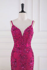 Fuchsia Spaghetti Straps Mermaid Tulle Prom Dresses with Appliques