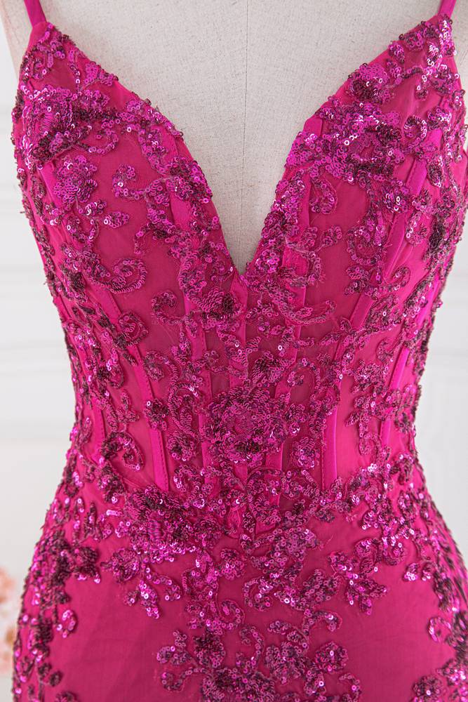 Fuchsia Spaghetti Straps Mermaid Tulle Prom Dresses with Appliques