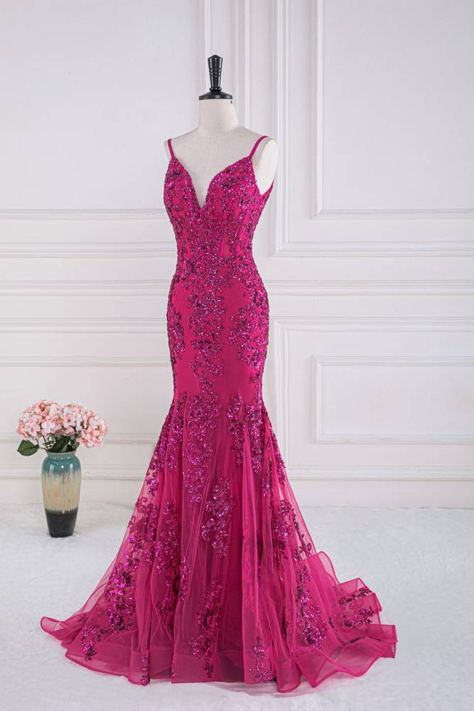 Fuchsia Spaghetti Straps Mermaid Tulle Prom Dresses with Appliques