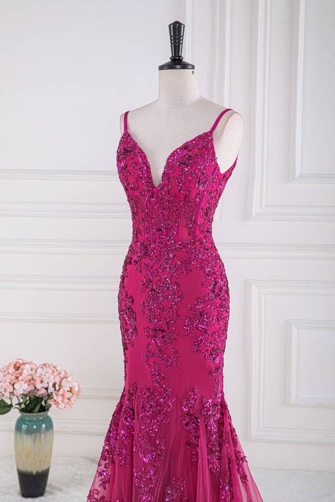 Fuchsia Spaghetti Straps Mermaid Tulle Prom Dresses with Appliques
