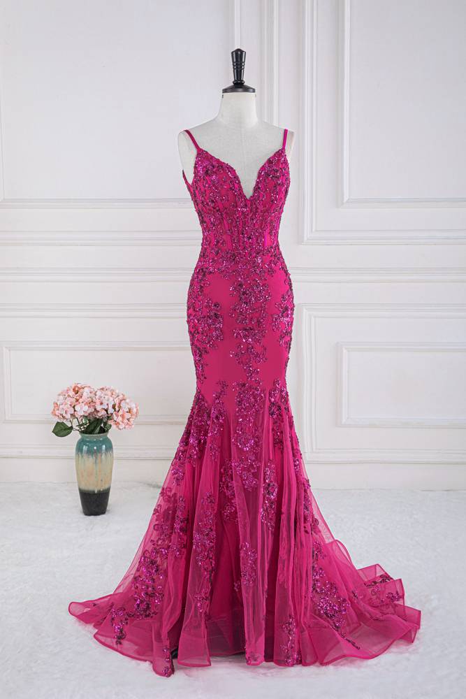 Fuchsia Spaghetti Straps Mermaid Tulle Prom Dresses with Appliques