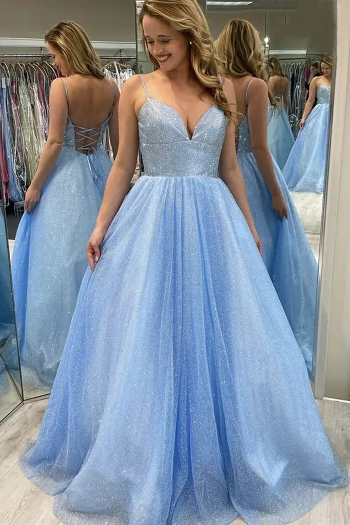Sparkly Blue A-Line V-Neck Tulle Party Prom Dresses