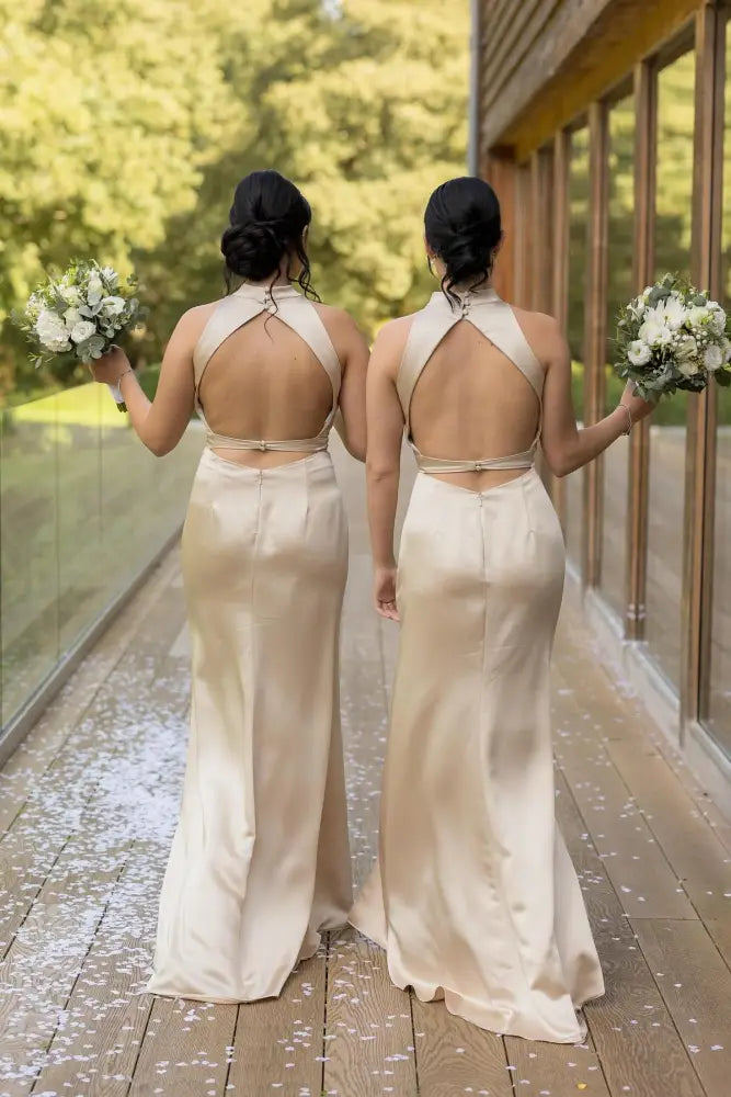 Champagne High Neck Backless Mermaid Satin Bridesmaid Dresses with Slit