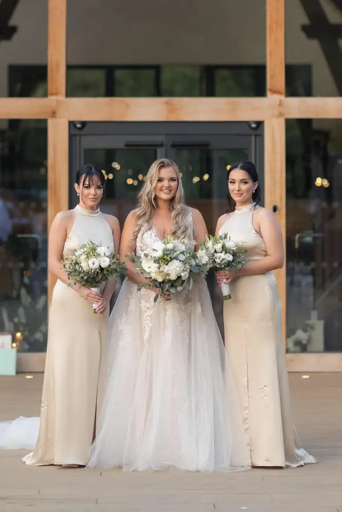 Champagne High Neck Backless Mermaid Satin Bridesmaid Dresses with Slit