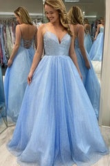 Sparkly Blue A-Line V-Neck Tulle Party Prom Dresses