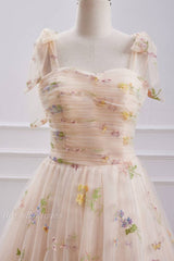 Champagne Sweetheart Floral Print A-Line Homecoming Dresses
