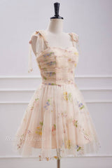 Champagne Sweetheart Floral Print A-Line Homecoming Dresses
