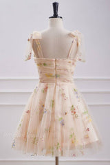 Champagne Sweetheart Floral Print A-Line Homecoming Dresses