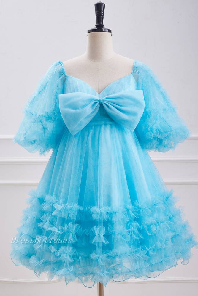 Pool V-Neck Short Sleeves A-Line Tulle Homecoming Dresses