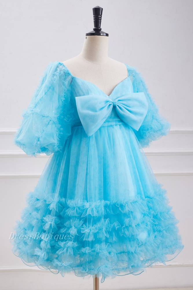 Pool V-Neck Short Sleeves A-Line Tulle Homecoming Dresses