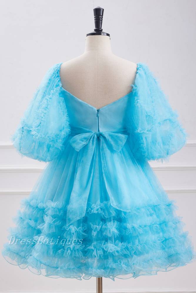 Pool V-Neck Short Sleeves A-Line Tulle Homecoming Dresses