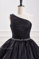 Black One-Shoulder A-Line Tulle Homecoming Dresses with Beads