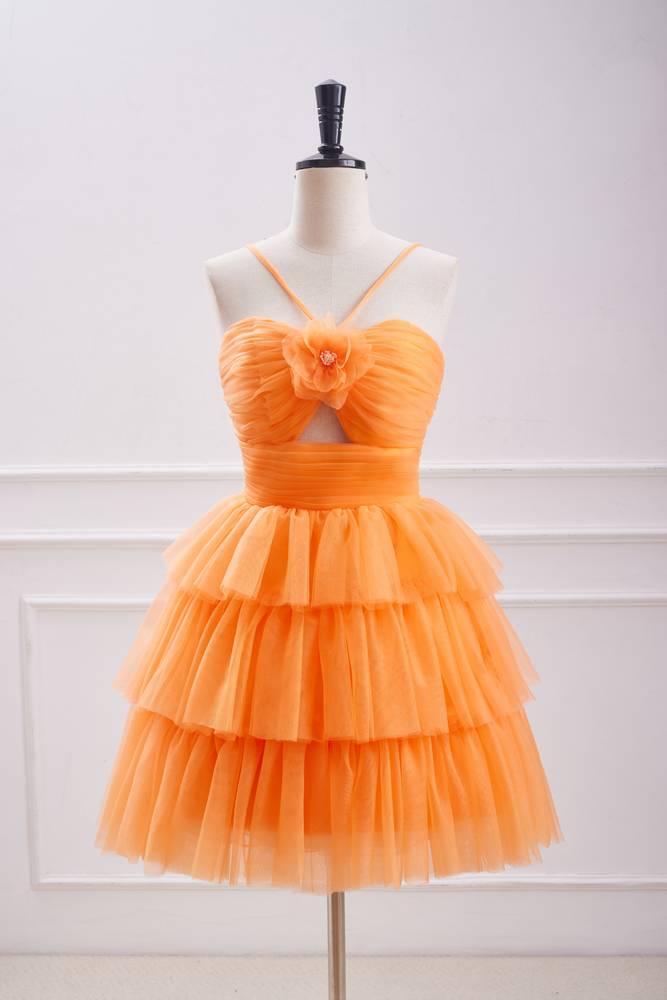 Orange Spaghetti Straps Tiered Tulle Homecoming Dresses