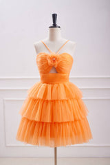 Orange Spaghetti Straps Tiered Tulle Homecoming Dresses