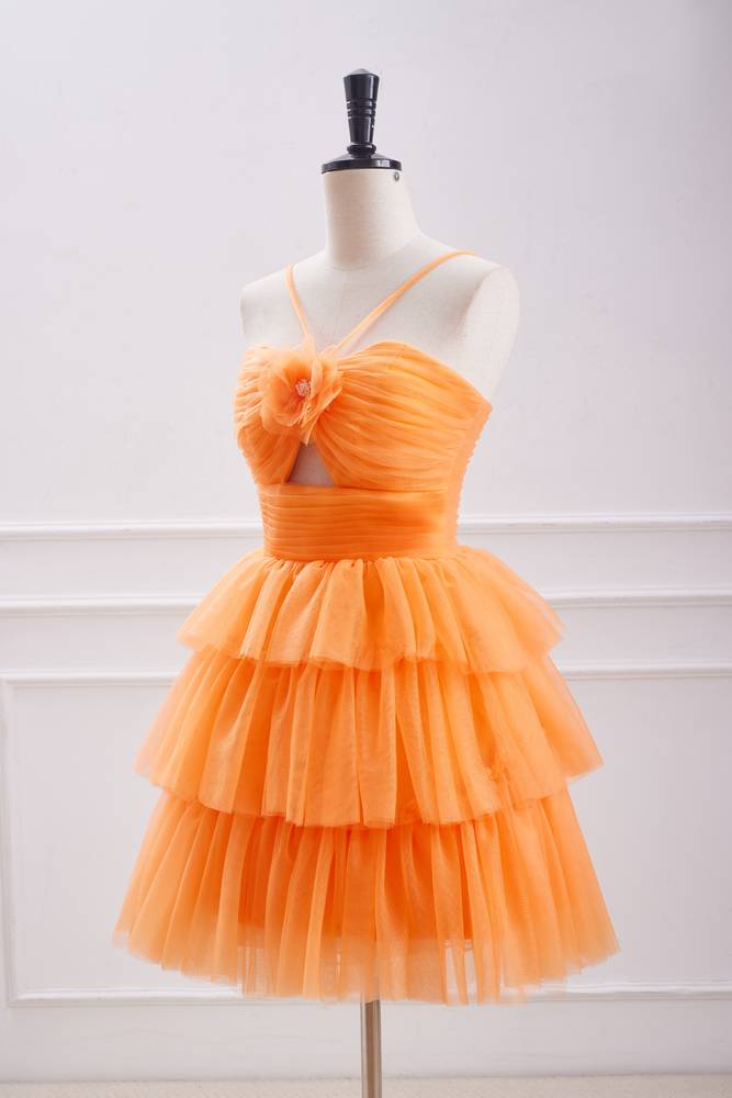 Orange Spaghetti Straps Tiered Tulle Homecoming Dresses