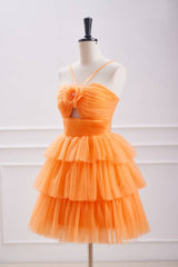 Orange Spaghetti Straps Tiered Tulle Homecoming Dresses